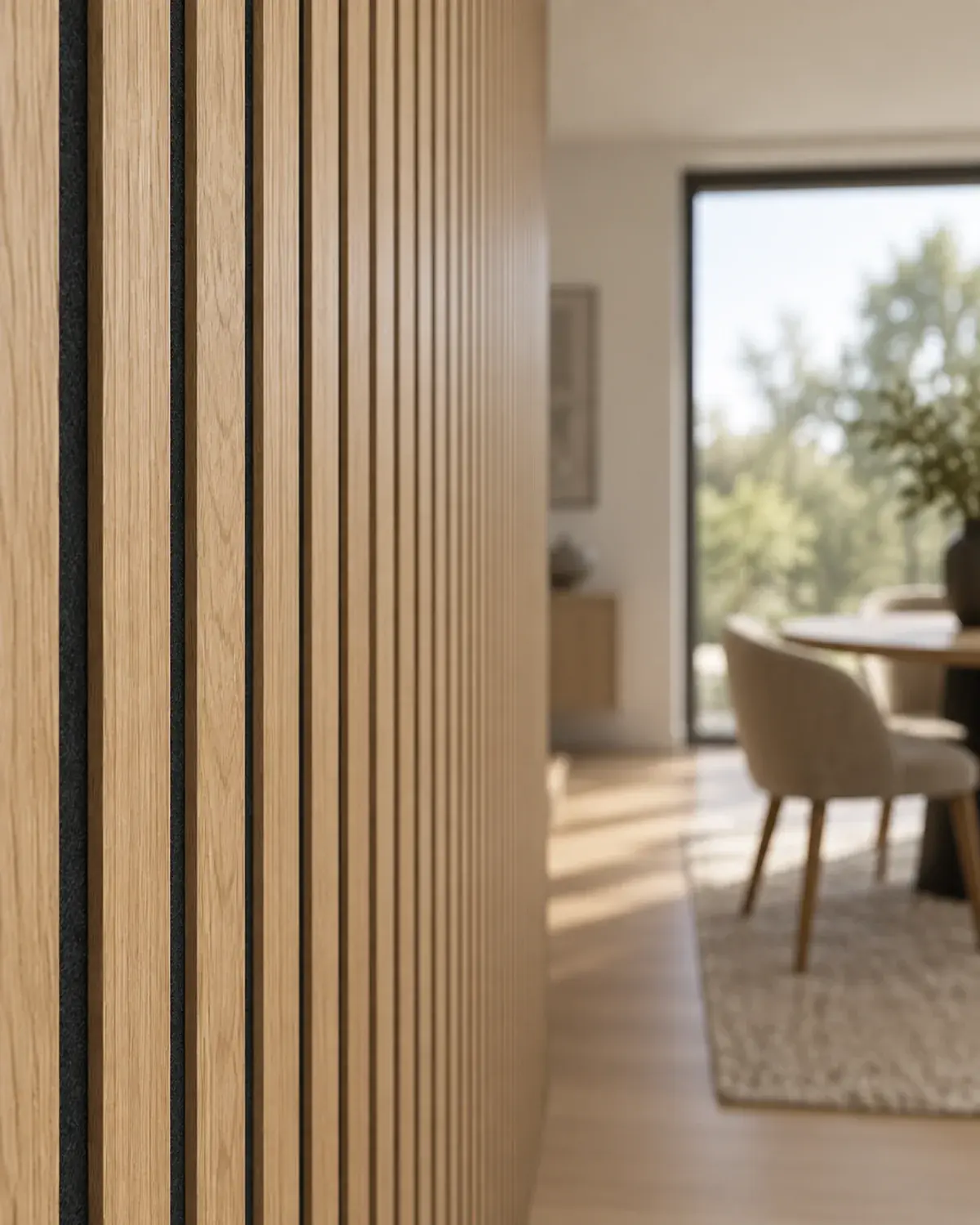 Interior illustration of straight oak slats and felt, with a softly blurred room beyond