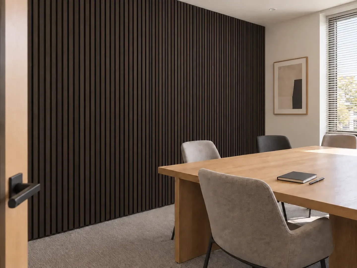 Meeting room interior with uniform very dark Smoked Oak veneer slats and window blinds